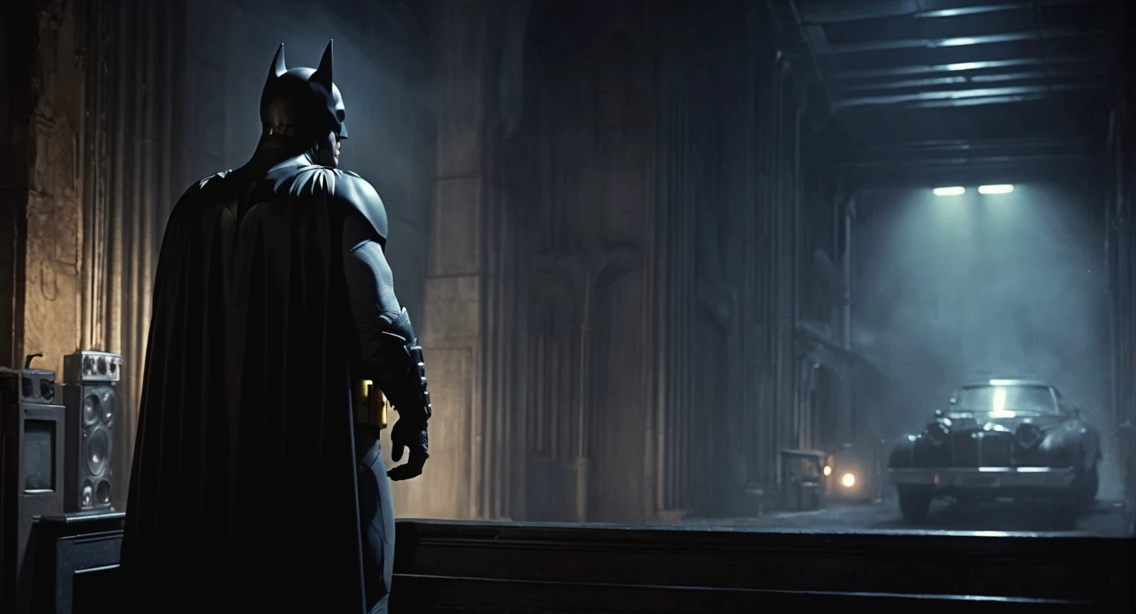concept art of Cinematic Film stock footage in (arri alexa style) Kodak film print, batman 1989 a man in a batman costume standing in a dark room, digital artwork, illustrative, painterly, matte painting, highly detailed