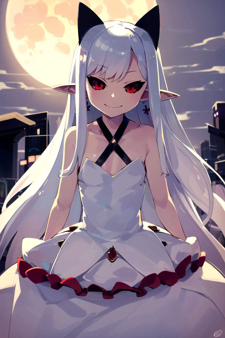 ((masterpiece,best quality)), absurdres,
<lora:Pram_Phantom_Kingdom_Anime_Dim32:0.8>, Pram_Phantom_Kingdom,
1girl, solo, long white hair, horns, pointy ears, red eyes, black sclera, jewelry, long dress, bubble skirt, earrings, chain, bat wings, albino, shackles, criss-cross halter,
solo, smiling, looking at viewer, cowboy shot,
cinematic composition,
full moon in background,