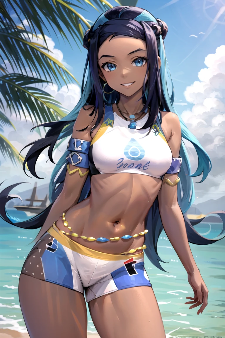 ((masterpiece,best quality)), absurdres,
<lora:Nessa_Pokemon_Anime_Dim32:0.8>, Nessa_Pokemon,
1girl, solo, dark skin, blue eyes, black hair, blue hair, two-tone hair, swimsuit, shorts, bikini, jewelry, necklace, earrings, belly chain, armlet, midriff,
solo, smiling, looking at viewer, cowboy shot,
cinematic composition, contrapposto,