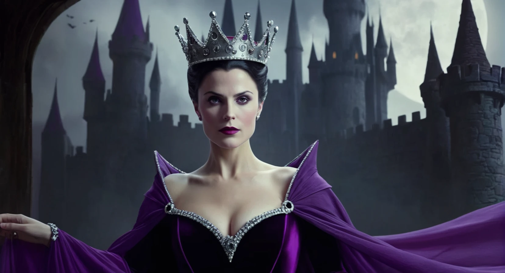 concept art of (Cinematic Film stock footage style) in (arri alexa style) (Kodak film print style),
<lora:Evil Queen-000003:1>
Evil Queen a woman in a crown and purple dress, digital artwork, illustrative, painterly, matte painting, highly detailed