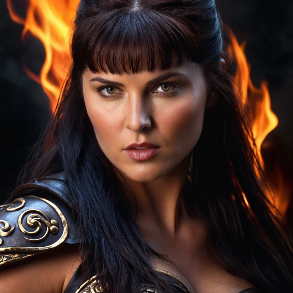 Dark Fantasy Art of hyperrealism, filmic
<lora:Xena Warrior Princess-000003:1>
Xena Warrior Princess a woman portrait on fire, dark, moody, dark fantasy style