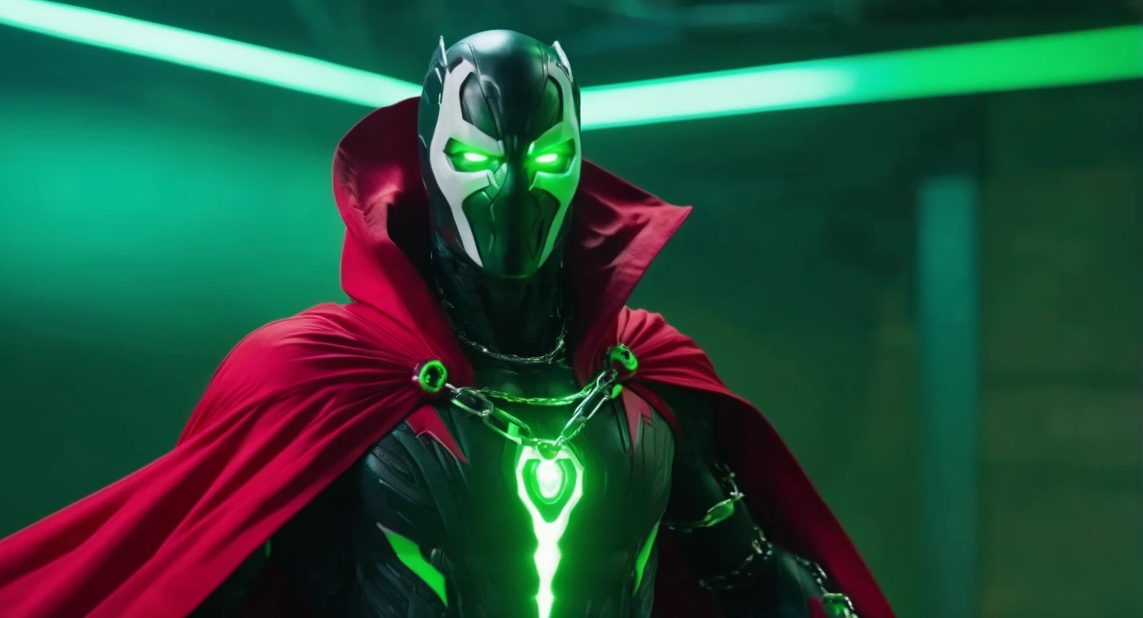 cybernetic style, (Cinematic Film stock footage style) in (arri alexa style) (Kodak film print style),
<lora:Spawn:1>
Spawn a man with a living symbiotic costume and a red cape and a chain around his neck and glowing green eyes, futuristic, technological, cybernetic enhancements, robotics, artificial intelligence themes