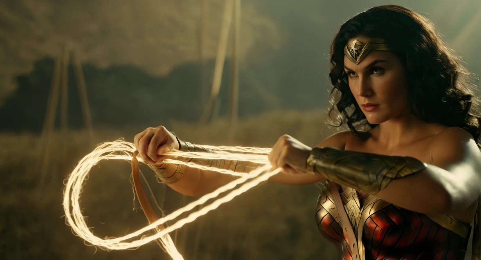 cinematic film still of Cinematic Film stock footage in (arri alexa style) Kodak film print, <lora:Wonder Woman:1> Wonder Woman 1 woman in a Wonder costume professionally weaving a shiny golden Perfect Lasso , shallow depth of field, vignette, highly detailed, high budget, bokeh, cinemascope, moody, epic, gorgeous, film grain, grainy