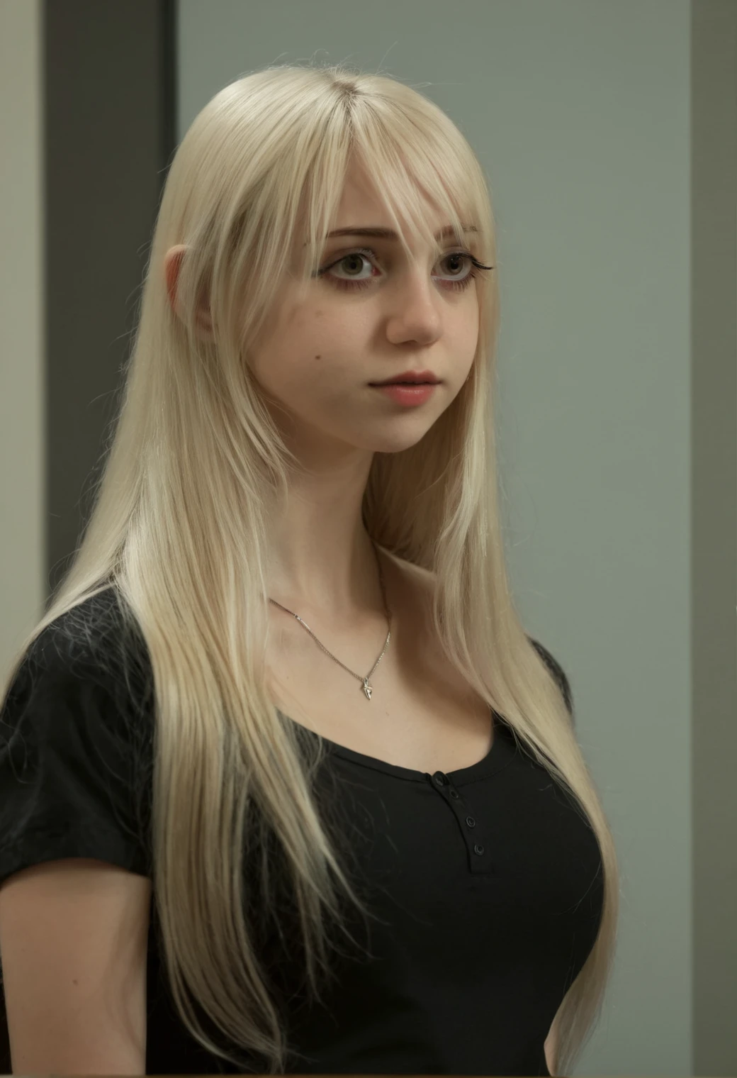 <lora:XL_marymorgan_v4:1>, 1girl, blon hair, long hair, solo, ((standing)), black shirt, XL_ZIP_realism