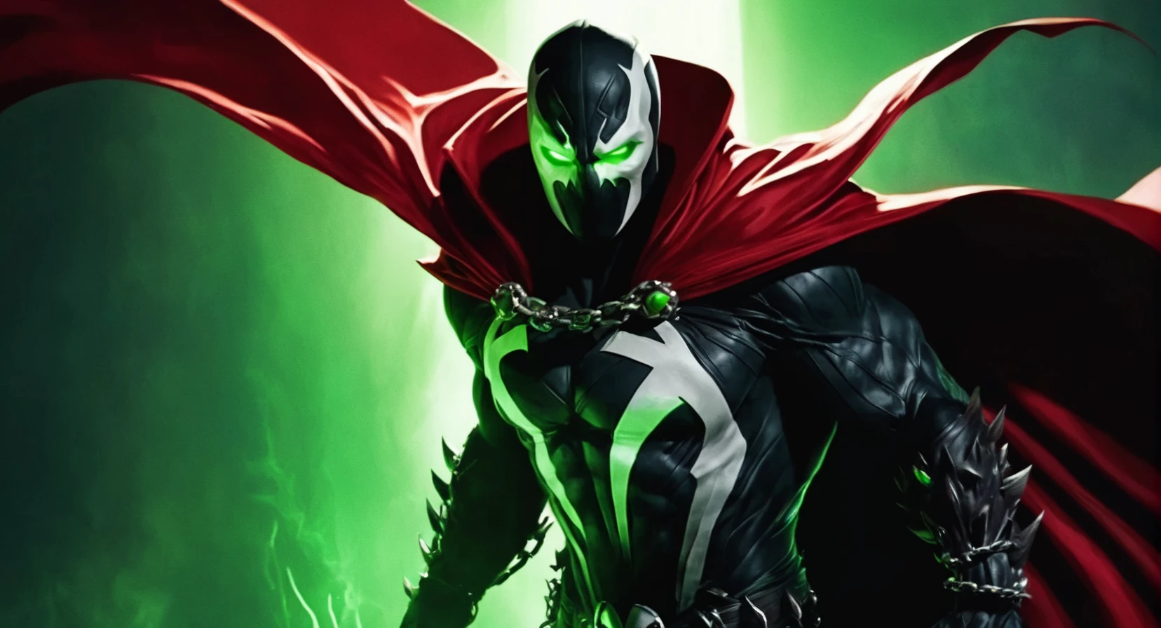 concept art of (Cinematic Film stock footage style) in (arri alexa style) (Kodak film print style),
<lora:Spawn:1>
Spawn a man with a living symbiotic costume and a red cape and a chain around his neck and glowing green eyes, digital artwork, illustrative, painterly, matte painting, highly detailed