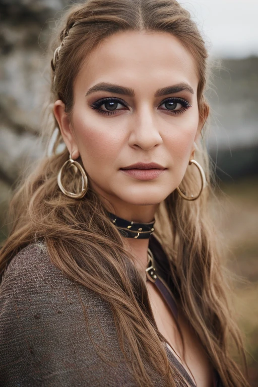 <lora:Kriti_Kharb-10:0.85>, (photo of a gorgeous woman), (professional photography), (scenic background), ((wearing viking clothes)), ((close-up portrait)), ((medium hair)), masterpiece, best quality, (eye contact), (looking at the viewer), centred, (shot from front), blurred_background, proportional , make up