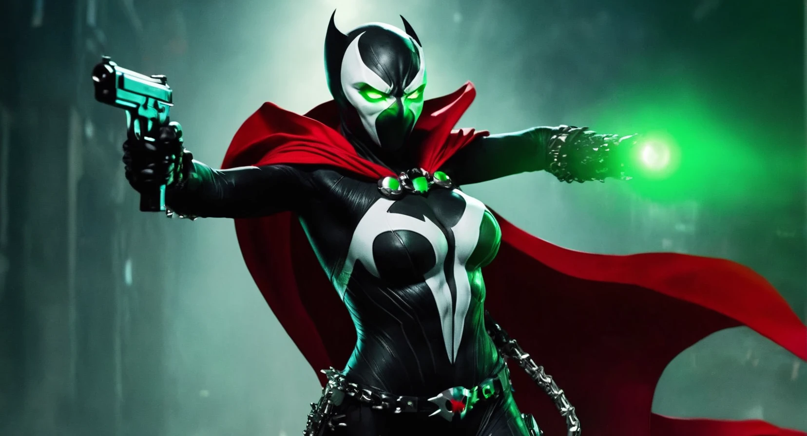 concept art of (Cinematic Film stock footage style) in (arri alexa style) (Kodak film print style),
<lora:Spawn:1>
Spawn a woman with a living black and white symbiotic costume with a gun and a red cape and glowing green eyes, digital artwork, illustrative, painterly, matte painting, highly detailed