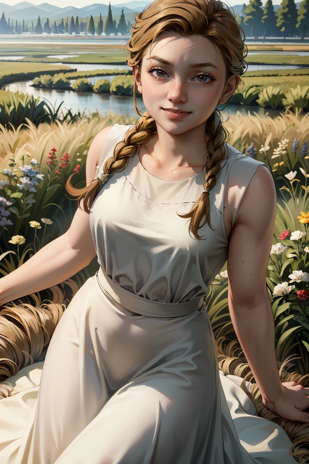 ((masterpiece, best quality))
<lora:TLOU2Abby:0.8>
TLOU2Abby, 1girl, solo, muscular, single braid, In a field of wildflowers, wearing a flowing dress, smiling