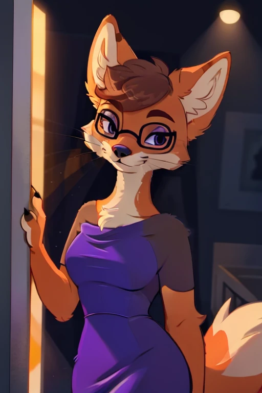 SDFoxie, (fluffy detailed orange fur, purple dress, black rectangular eyewear, black eyes, brown hair, whiskers), (Best Quality:1.4), crisp, clean detailed eyes, beautiful face, <lora:GoodHands-beta2:1>, <lora:Foxie-20:0.75>