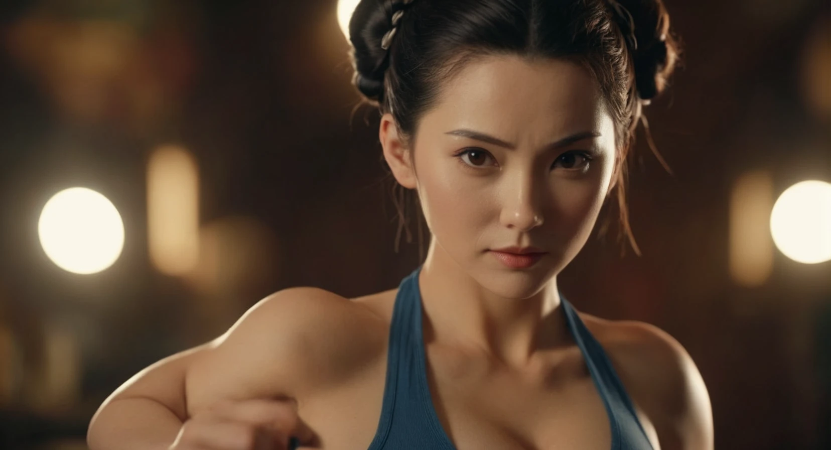 cinematic film still of Cinematic Film stock footage in (arri alexa style) Kodak film print, <lora:chun li:1> Chun-Li a cartoon picture of a woman with a big breast, shallow depth of field, vignette, highly detailed, high budget, bokeh, cinemascope, moody, epic, gorgeous, film grain, grainy