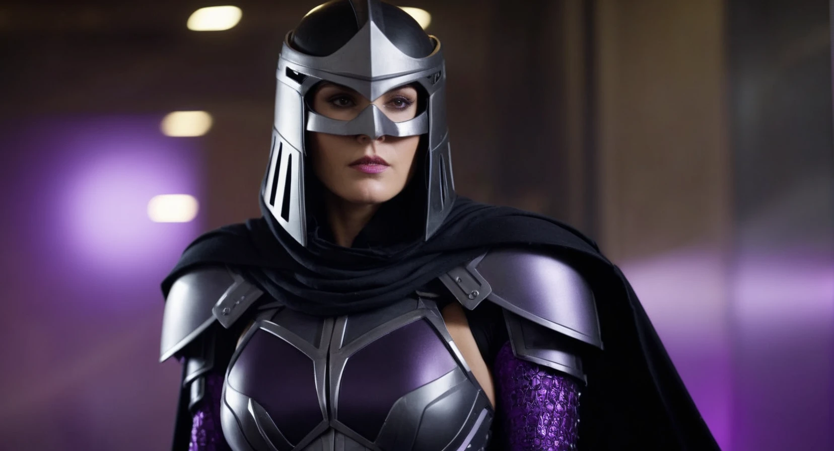 cinematic film still of (Cinematic Film stock footage style) in (arri alexa style) (Kodak film print style),
<lora:Shredder:1> Shredder
The Shredder 1 female supervillain and the main antagonist of the Teenage Mutant Ninja Turtles
Grey black Armour, Purple Cape, shallow depth of field, vignette, highly detailed, high budget, bokeh, cinemascope, moody, epic, gorgeous, film grain, grainy