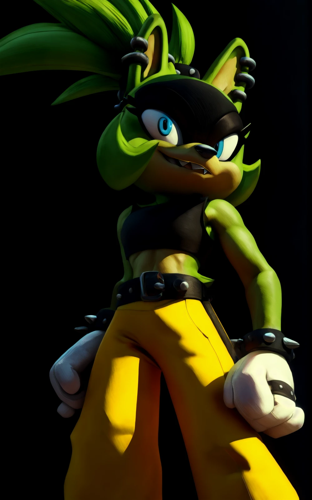 8k.4k,((Best quality, masterpiece, ultra high resolution)),((full body)),standing,by pixelsketcher, <lora:Surge:1.4>,white gloves, sleeveless, sleeveless shirt, earrings, blue eyes, furry,furry female, sharp teeth, yellow pants, crop top, bare shoulders,  black shirt, animal nose, green hair, ponytail, multiple earrings, piercing, animal ears, ear piercing,yellow footwear, eyeshadow, yellow pants,baggy pants,rings,green skin,  black belt,spiked hair