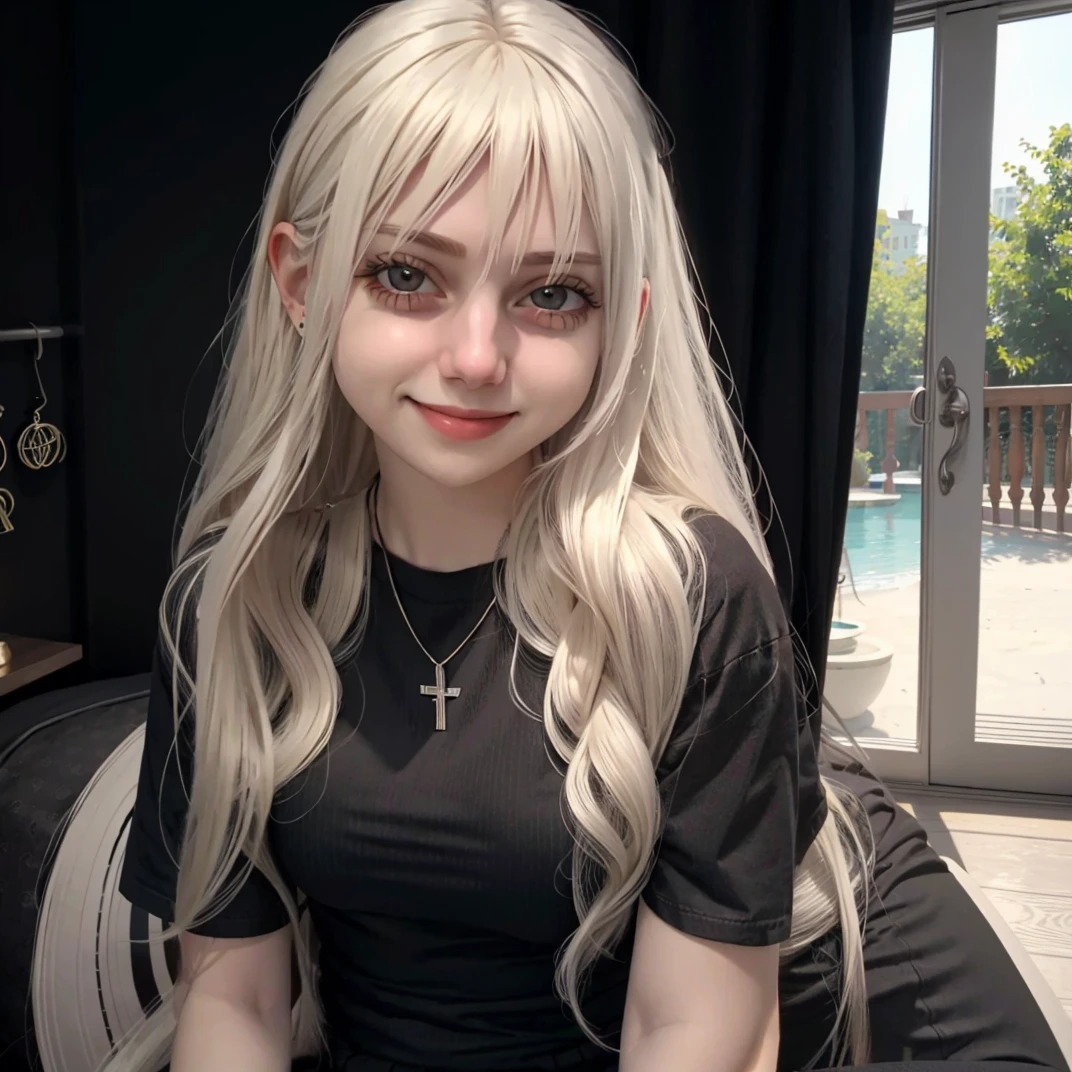 <lora:marymorgan_v4:1>,1girl, solo, brown eyes, platinum blonde hair, black shirt, long hair, smile, jewelry, realistic
