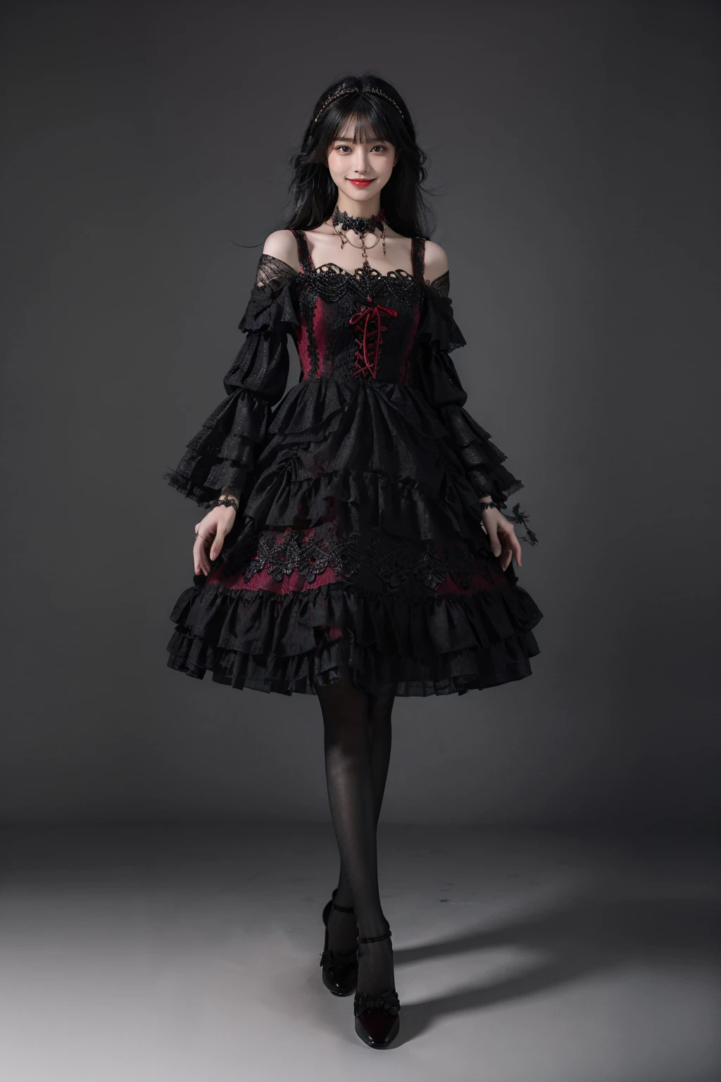best quality, masterpiece, photorealistic, 1girl, solo, standing, long black hair, straight hair, blunt bangs, looking at viewer, smile, full body, lo dress, gothic, detached sleeves, necklace, choker, long sleeves, wide sleeves, pantyhose, high heels, hair ornament, simple background, <lora:lo_dress_gothic_style1_v2:0.7>