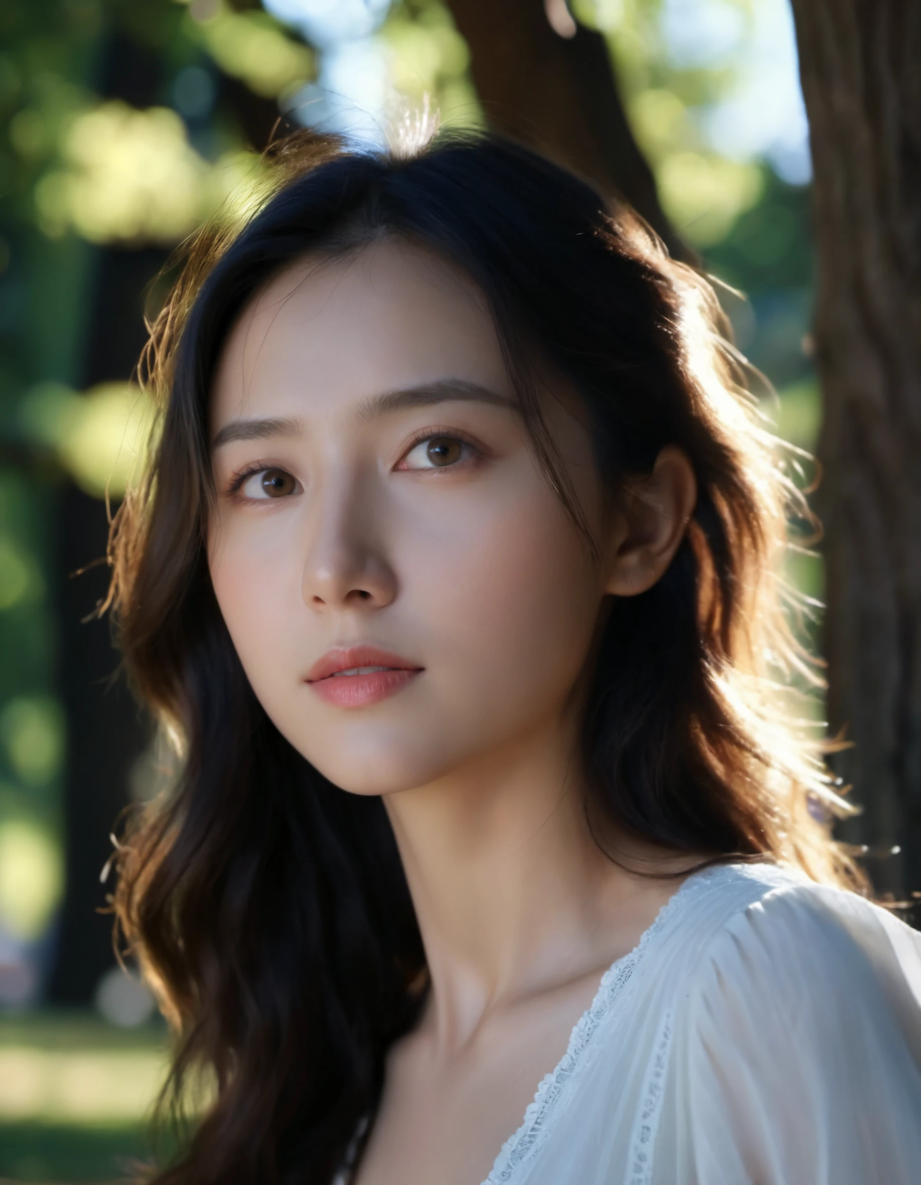 cinematic photo adult girl, close shot, (face upward:0.7), looking at viewer, (sun light and tree shadow on the face), (masterpiece:1.2), (best quality:1.2), (extremely detailed:1.2), (photorealistic:1.1), (ultra detailed), . 35mm photograph, film, bokeh, professional, 4k, highly detailed
