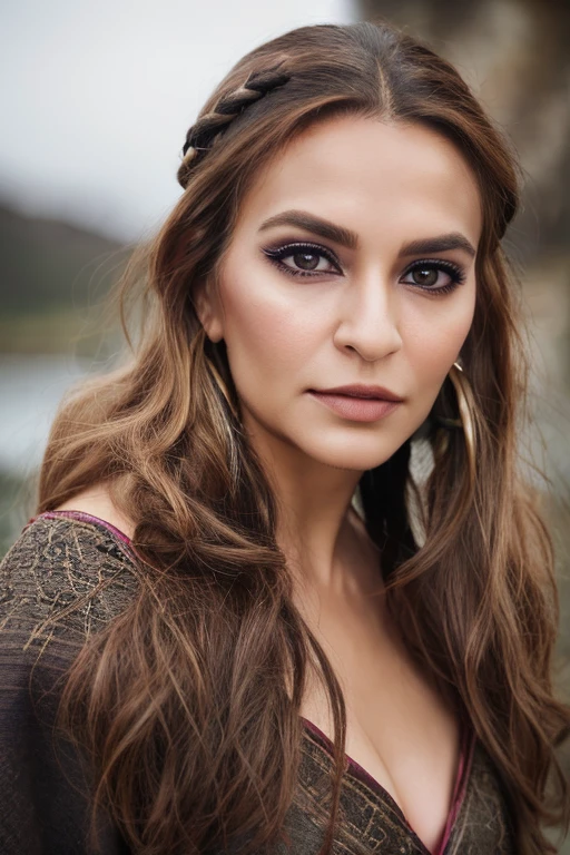 <lora:Kriti_Kharb-10:0.85>, (photo of a gorgeous woman), (professional photography), (scenic background), ((wearing viking clothes)), ((close-up portrait)), ((medium hair)), masterpiece, best quality, (eye contact), (looking at the viewer), centred, (shot from front), blurred_background, proportional , make up