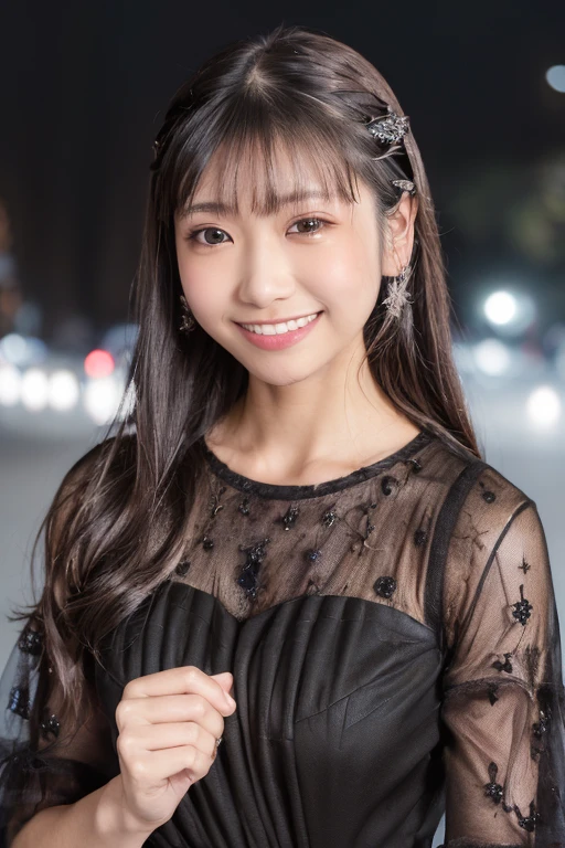 1girl, (wearing a black evening dress:1.8),(RAW photo, best quality), (realistic, photo-realistic:1.4), masterpiece, an extremely delicate and beautiful, extremely detailed, 2k wallpaper, Amazing, finely detail, extremely detailed CG unity 8k wallpaper, ultra-detailed, highres, soft light, beautiful detailed girl, extremely detailed eyes and face, beautiful detailed nose, beautiful detailed eyes,cinematic lighting,(in the city at night:2.0),(night city view:1.6),perfect anatomy,(slender body:2.0),(laughing:1.4),(close up:1.7),(open eyes:1.8),(look at viewer),(front view:1.0),(young japanese girl:1.6),cinematic angle,(wavy short hair), (brown eyes:1.8),(standing:2.0),(cleavage:1.4), <lora:nochimotomoeha_lora-02:0.8>
