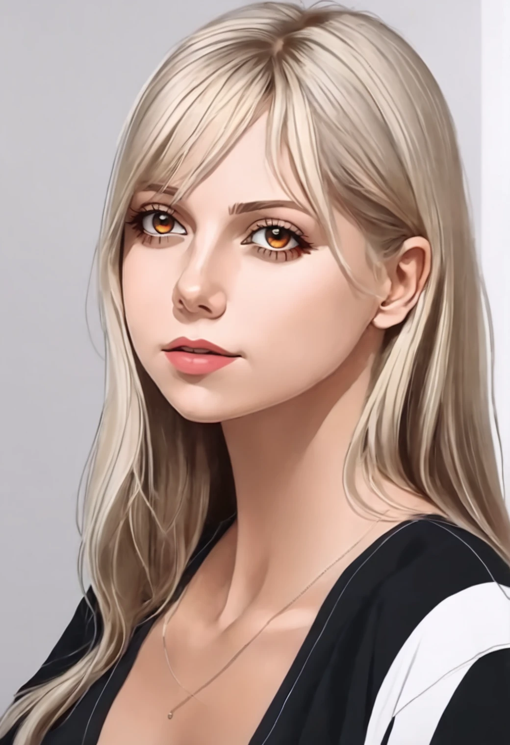 <lora:XL_marymorgan_v4:1.1>, 1girl, blond hair, long hair, solo, brown eyes, black shirt, XL_SK_VECTORART
