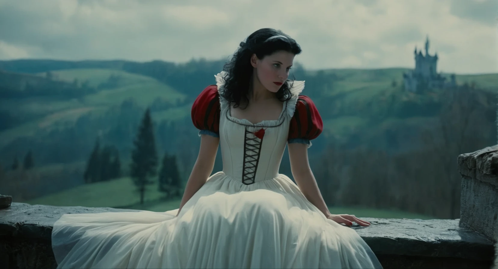 Dark Fantasy Art of (Cinematic Film stock footage style) in (arri alexa style) (Kodak film print style),
 <lora:Snow White-000003:1>
Snow White a woman in a dress sitting on a ledge dressed in a snow white costume, dark, moody, dark fantasy style