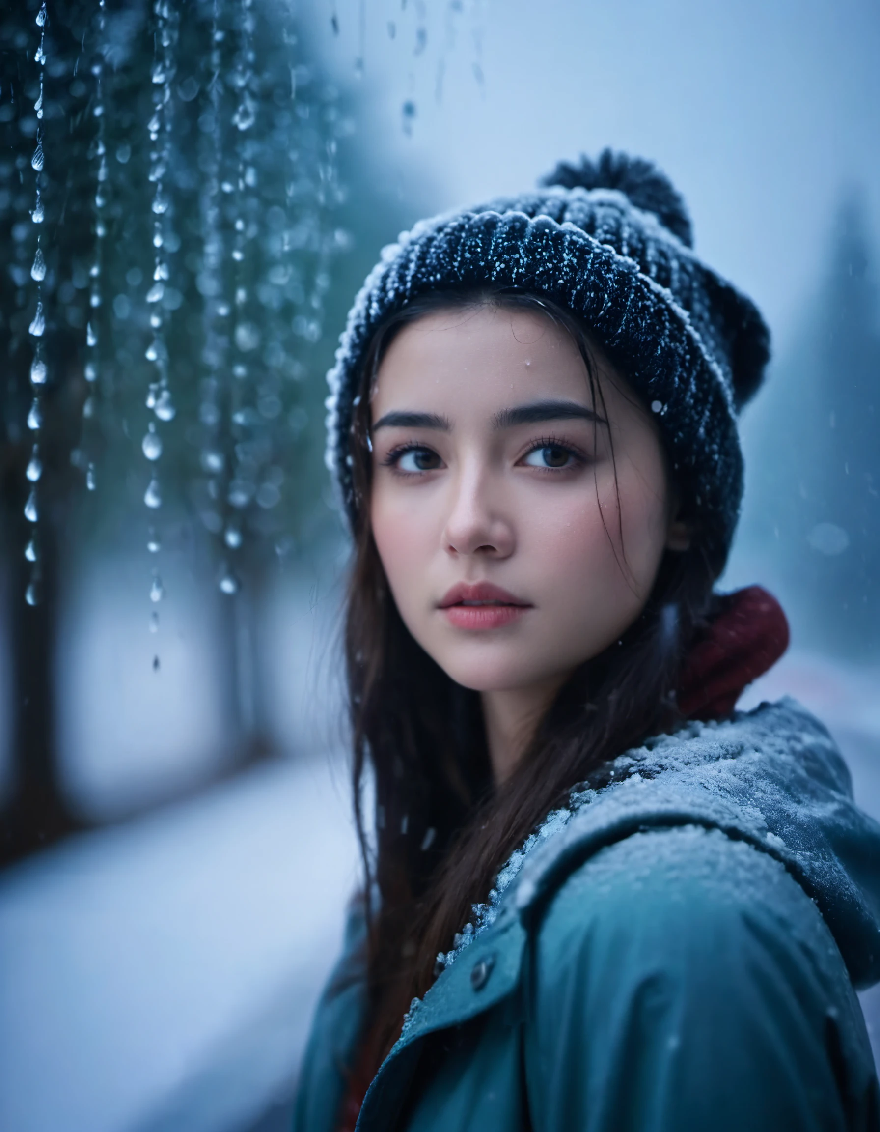 cinematic film still dult girl, (close shot), snow treading, rain dripping, fog filling, . shallow depth of field, vignette, highly detailed, high budget, bokeh, cinemascope, moody, epic, gorgeous, film grain, grainy
