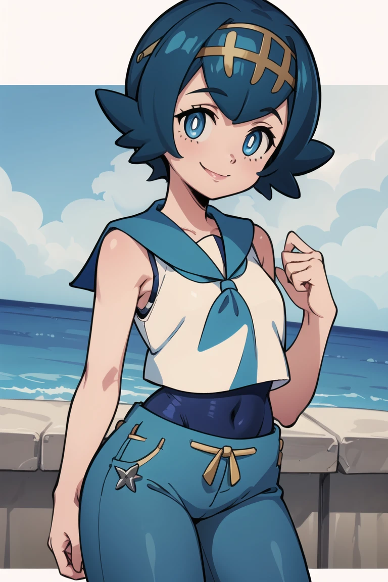 1girl, solo, lana \(pokemon\), <lora:LanaLora:0.8>, full body, flat chest, thick thighs, serafuku, school uniform, white crop top, sleeveless shirt, school swimsuit, no pants, barefoot, smile, closed mouth, standing, from front, sand, ocean, rocks, mountains, <lora:MarioStrikerStyle:0.8>