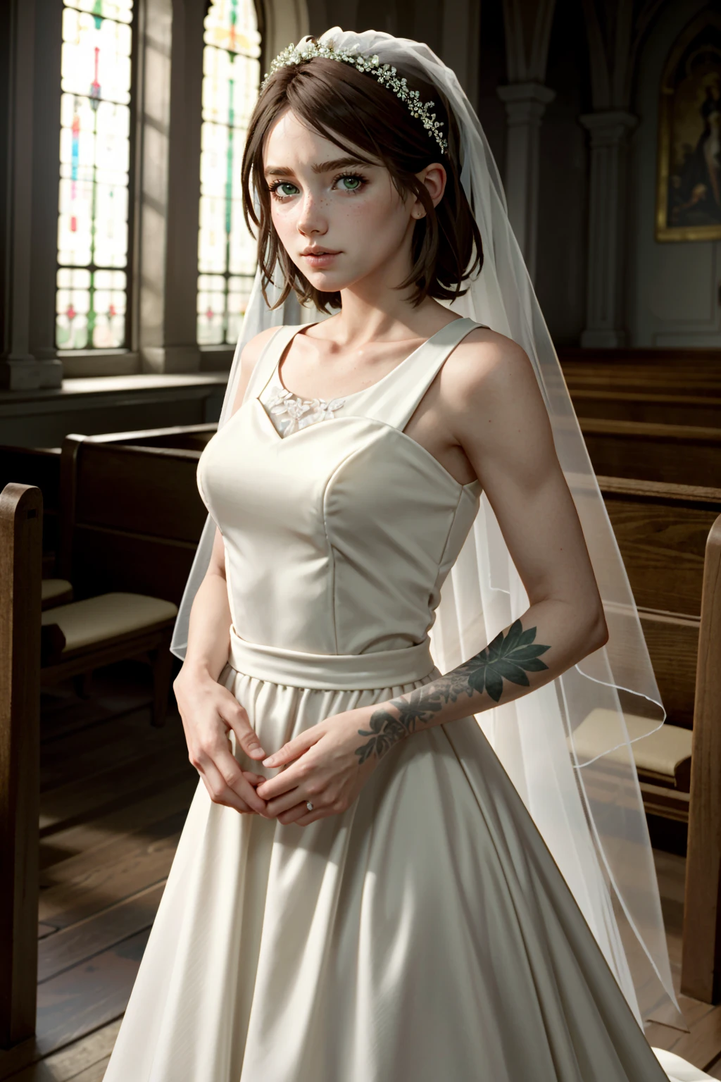 ((masterpiece, best quality))
<lora:TLOU2Ellie:0.8>
TLOU2Ellie, 1girl, solo, brown hair, green eyes, wearing a stunning wedding dress, bridal veil, inside a beautiful church, with hands on hips