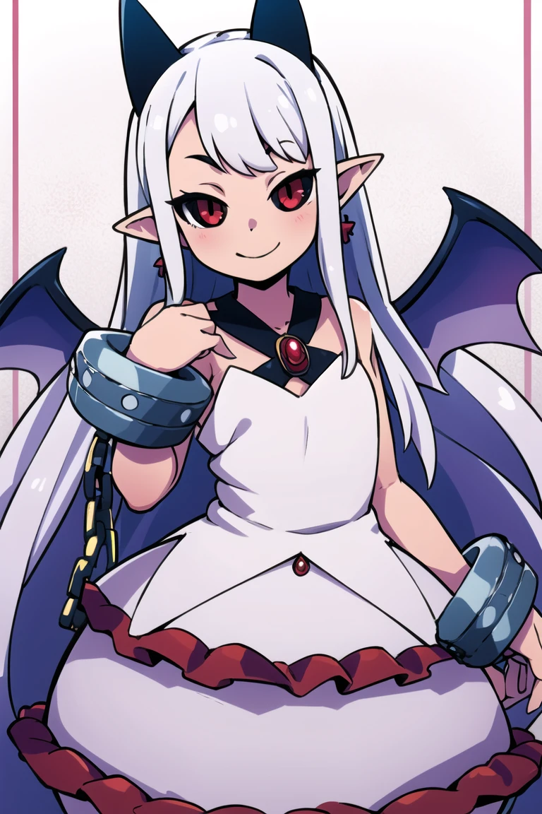 ((masterpiece,best quality)), absurdres,
<lora:Pram_Phantom_Kingdom_Anime_Dim32:0.8>, Pram_Phantom_Kingdom, 
1girl, solo, long white hair, horns, pointy ears, red eyes, black sclera, jewelry, dress, cuffs, bubble skirt, earrings, chain, bat wings, albino, , shackles, very long hair,
solo, smiling, looking at viewer, cowboy shot, , 
cinematic composition, dynamic pose,