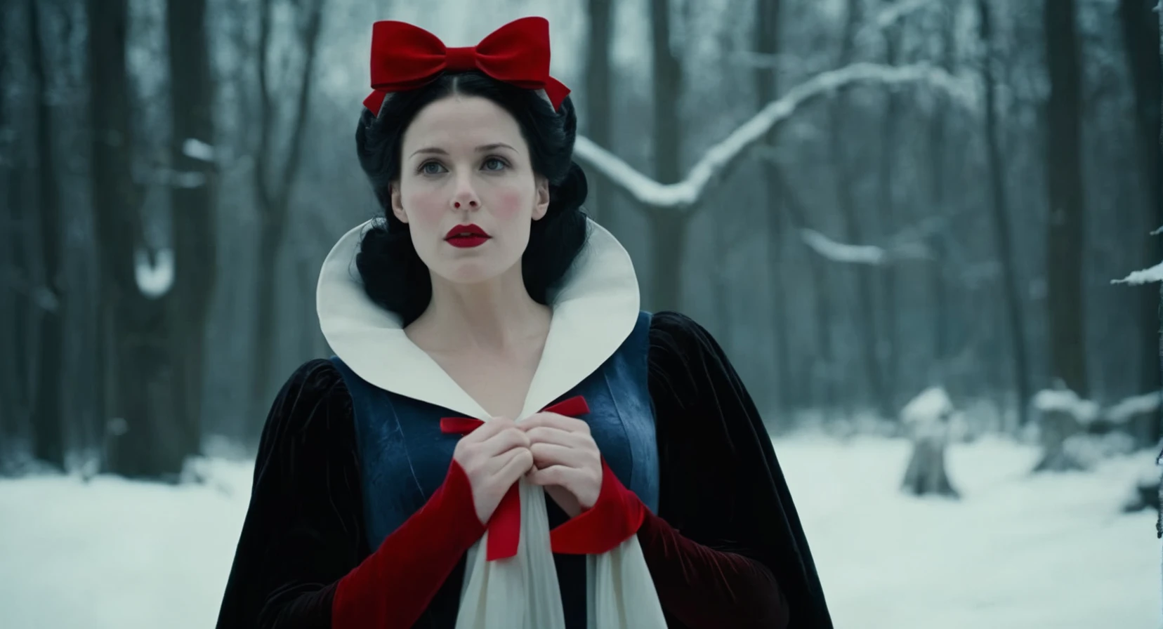 Dark Fantasy Art of (Cinematic Film stock footage style) in (arri alexa style) (Kodak film print style),
 <lora:Snow White-000003:1>
Snow White a woman with a red bow on her head dressed in a snow white costume, dark, moody, dark fantasy style