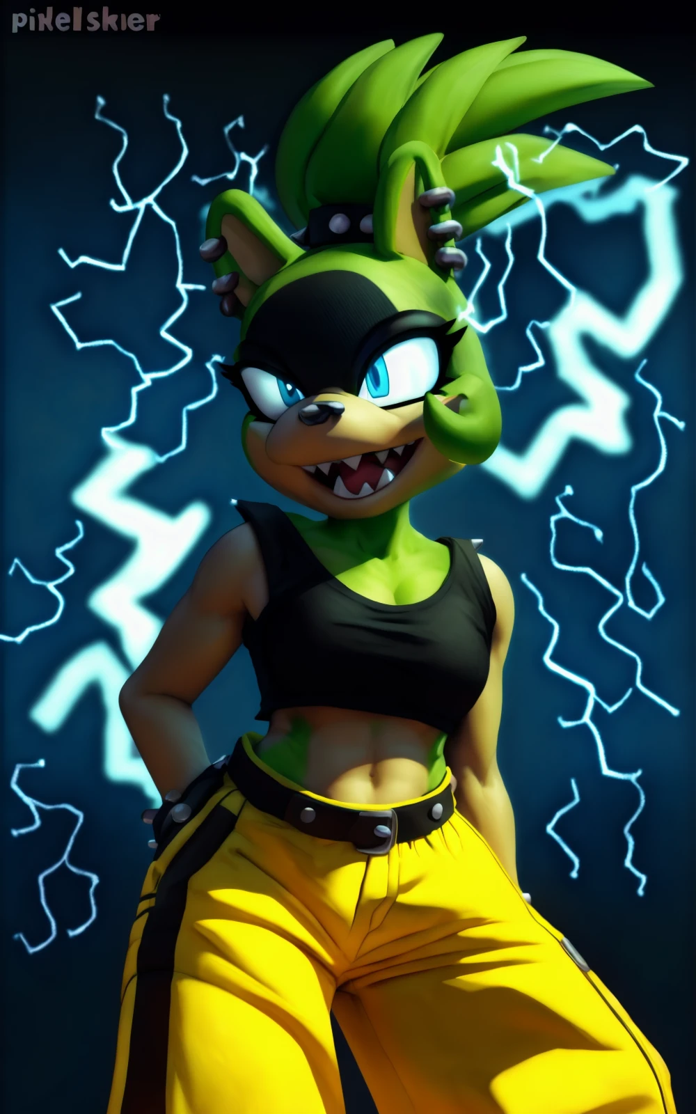 8k.4k,((Best quality, masterpiece, ultra high resolution)),((full body,standing)),by pixelsketcher, <lora:Surge:1.4>, earrings, blue eyes, furry,furry female, green hair, ponytail, multiple earrings, piercing, animal ears, ear piercing,eyeshadow,rings,green skin, spiked hair,((electricity, mouth closed )),nude, breast,barefoot,pussy