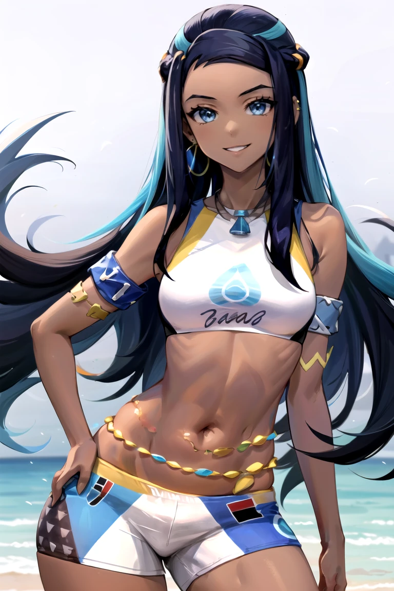 ((masterpiece,best quality)), absurdres,
<lora:Nessa_Pokemon_Anime_Dim32:0.8>, Nessa_Pokemon,
1girl, solo, dark skin, blue eyes, black hair, blue hair, two-tone hair, shorts, crop top, jewelry, necklace, earrings, belly chain, armlet, midriff,
solo, smiling, looking at viewer, cowboy shot,
cinematic composition, contrapposto, tropical beach,