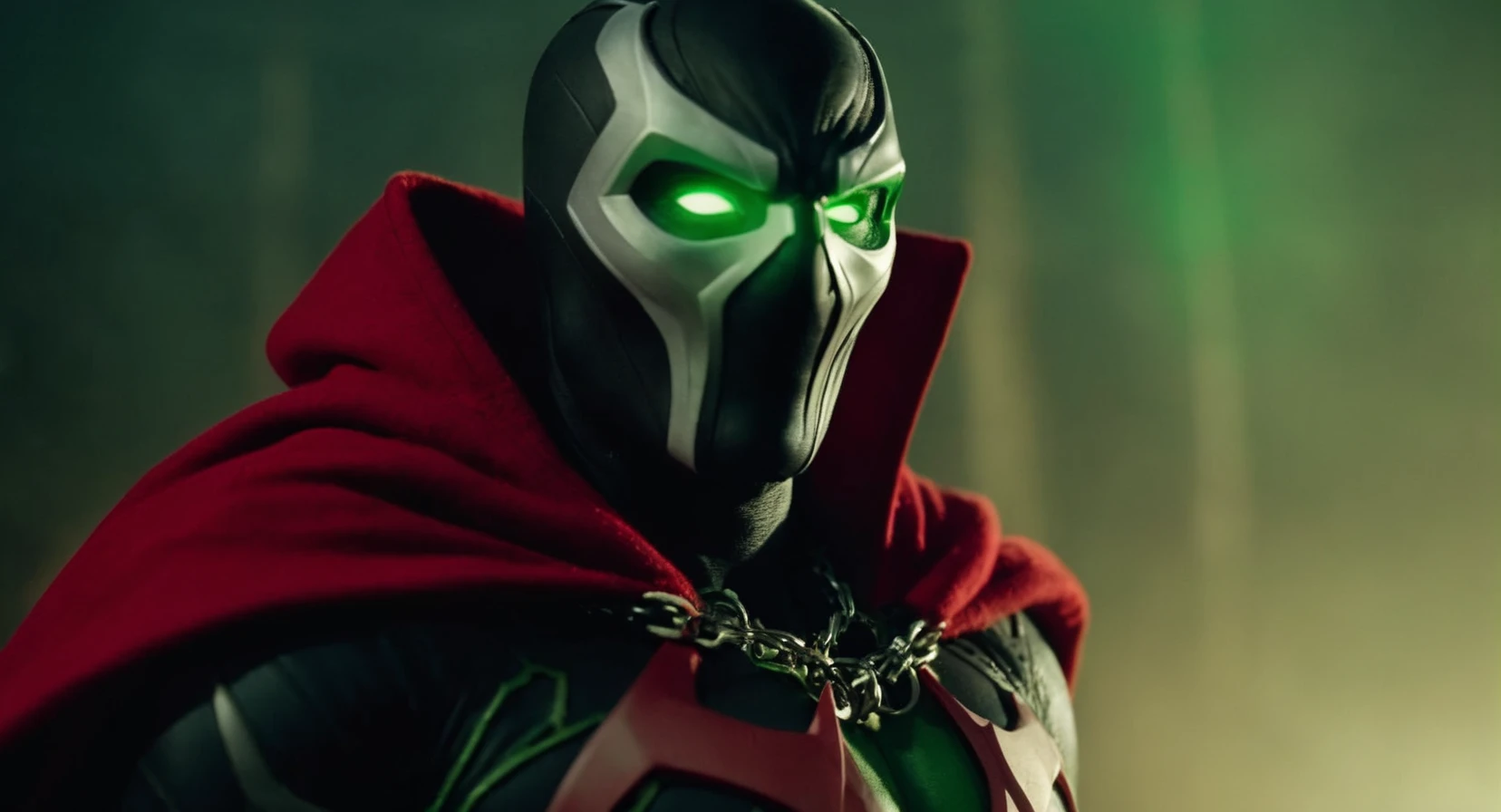 cinematic film still of (Cinematic Film stock footage style) in (arri alexa style) (Kodak film print style),
<lora:Spawn:1>
Spawn a man with a living symbiotic costume and a red cape and a chain around his neck and glowing green eyes, shallow depth of field, vignette, highly detailed, high budget, bokeh, cinemascope, moody, epic, gorgeous, film grain, grainy