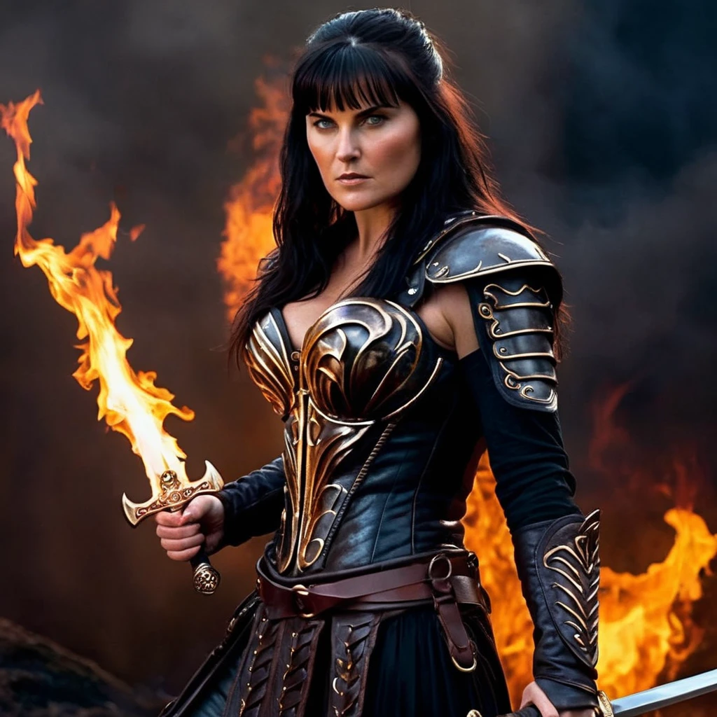 Dark Fantasy Art of hyperrealism, filmic
<lora:Xena Warrior Princess-000003:1>
Xena Warrior Princess a woman in a leather outfit holding a sword on fire, dark, moody, dark fantasy style