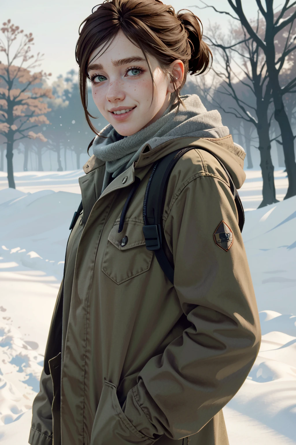 ((masterpiece, best quality))
<lora:TLOU2Ellie:0.8>
TLOU2Ellie, 1girl, solo, brown hair, green eyes, in a winter wonderland, cowboy shot, winter clothing, smile