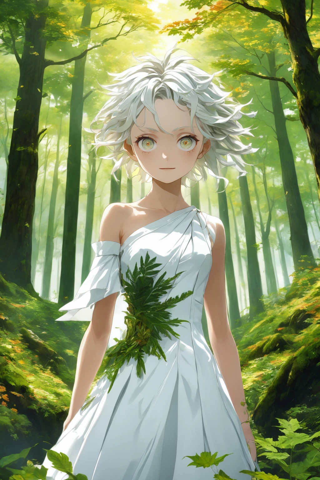 anime, (ultra realistic,32k,RAW photo,high detailed skin:1.1)
(masterpiece,best quality:1.5),
One-shoulder dress, Temperate Forest,Fall, \emma (the promised neverland)