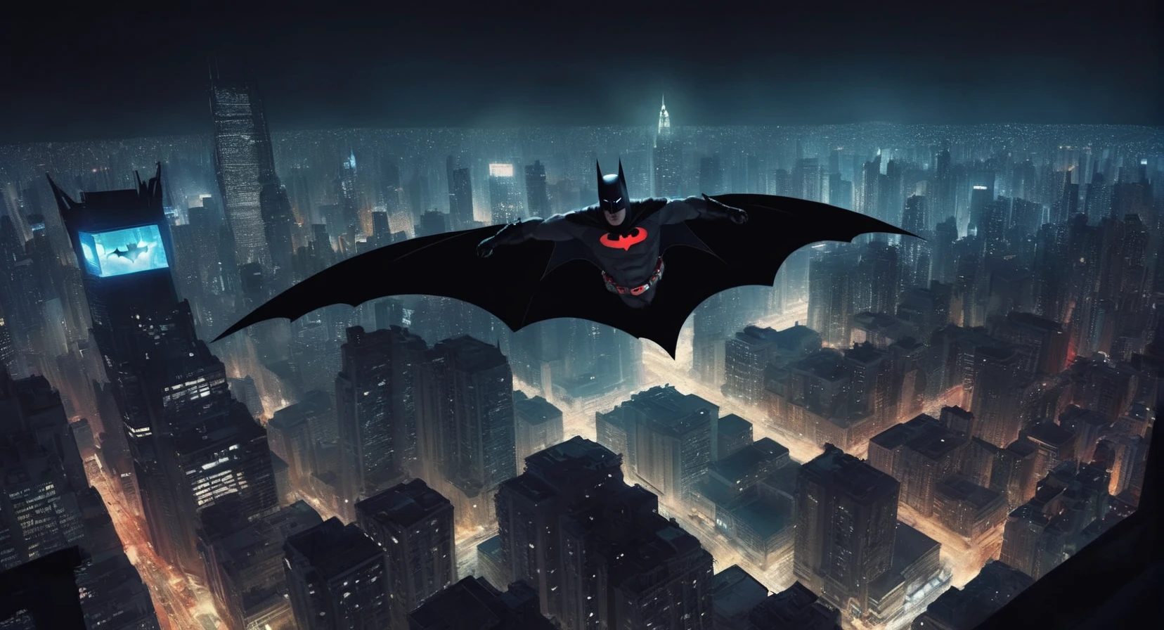 concept art of Cinematic Film stock footage in (arri alexa style) Kodak film print, <lora:Batman Beyond:1> Batman Beyond a batman flying over a city at night, digital artwork, illustrative, painterly, matte painting, highly detailed