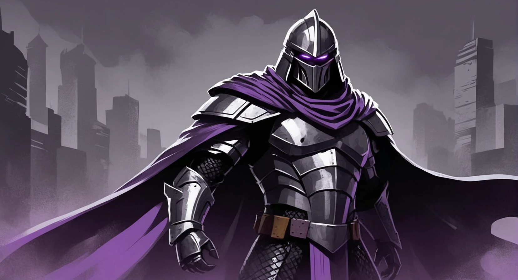 concept art of (Cinematic Film stock footage style) in (arri alexa style) (Kodak film print style),
<lora:Shredder:1> Shredder
The Shredder a supervillain and the main antagonist of the Teenage Mutant Ninja Turtles created by Kevin Eastman and Peter Laird.
Grey black Armour, Purple Cape, digital artwork, illustrative, painterly, matte painting, highly detailed