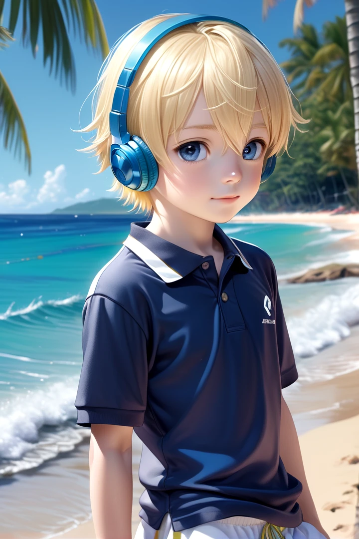 aoki, 1boy, masterpiece, ultra detail, forest, (blue eyes:0.5), (polo shirt:1.3), short pants, blonde hair, sea, beach, headphones,
sparkling eyes,
(side profile:1.6)