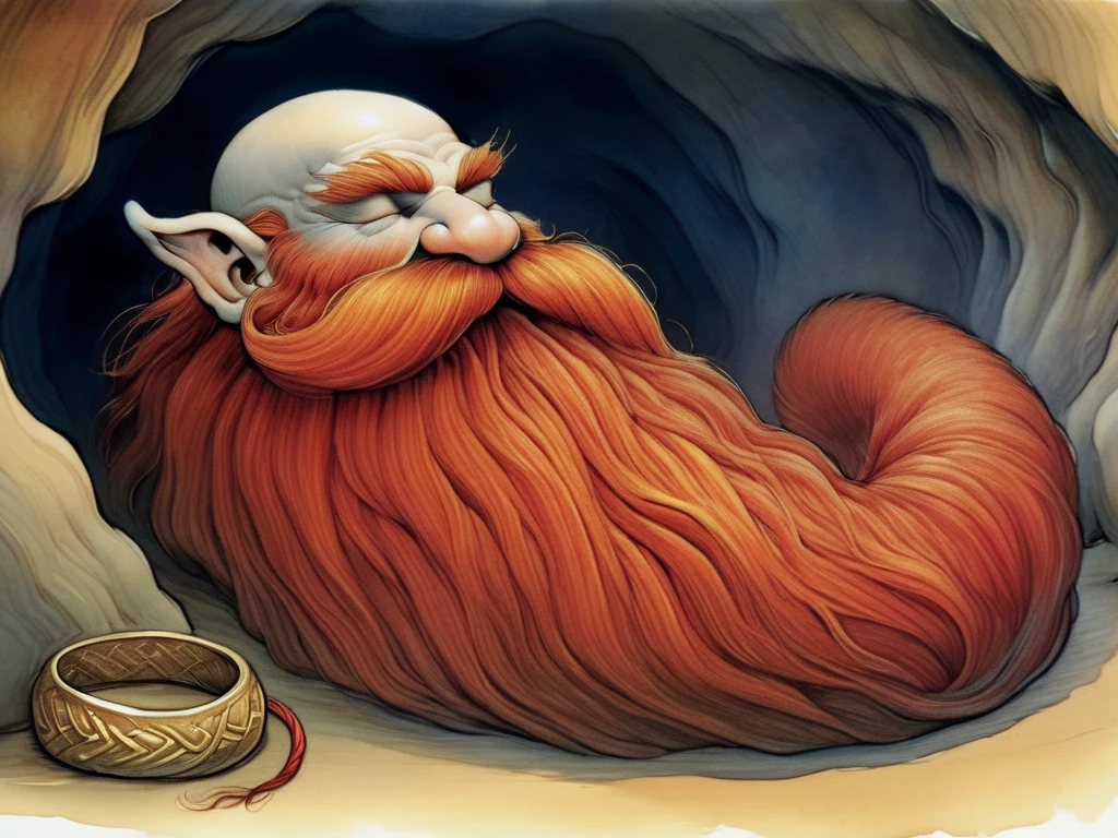 Watercolor painting of a peculiar dwarf-like being with a head and features typical of a dwarf, but their body is entirely composed of a flowing, long red beard, sleeping, laying down, braided moustache, gold bangles, They have no visible arms, torso, or legs, in a cave, goblins in the background, <lora:Harry_Dwarf:1>, Vibrant, beautiful, painterly, detailed, textural, artistic
