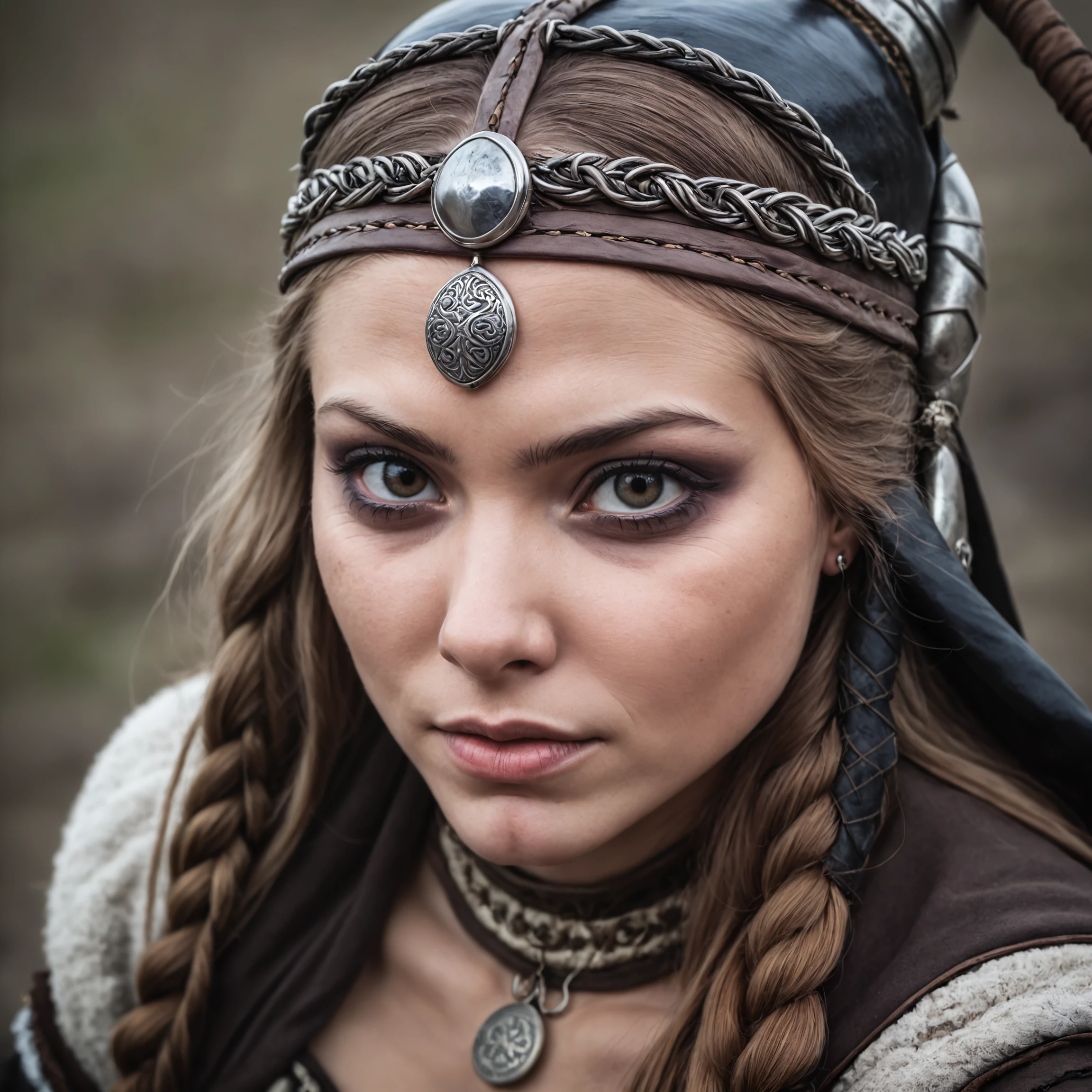 Epic closeup photo insane details of an 25 years old viking woman in a nordic outfit is sitting on a campfire , undefined