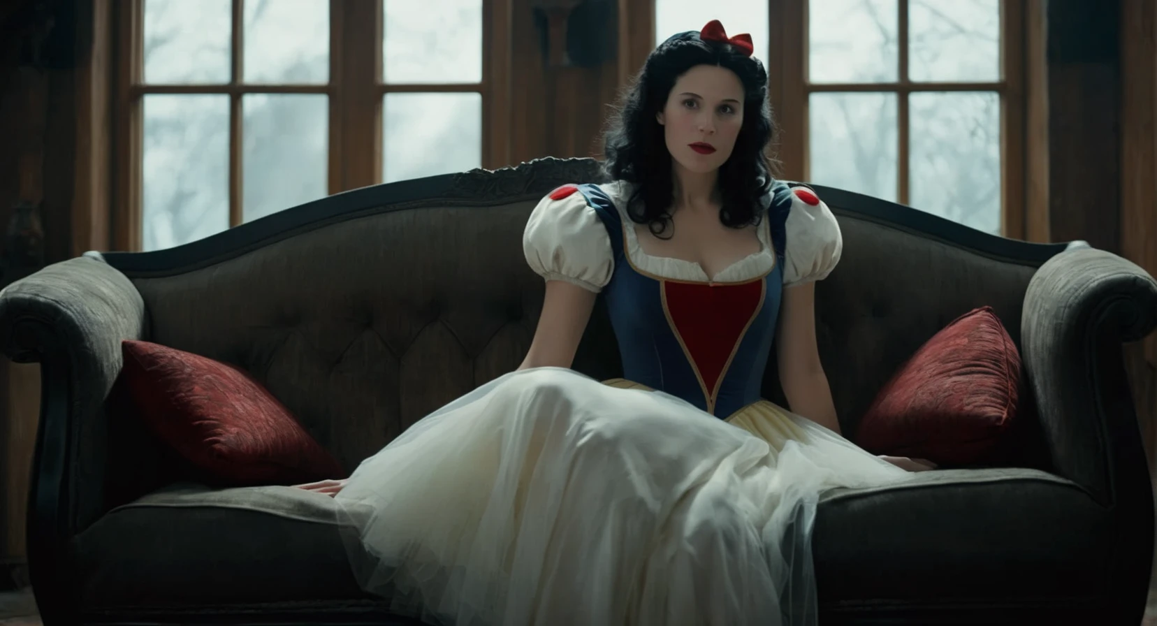Dark Fantasy Art of (Cinematic Film stock footage style) in (arri alexa style) (Kodak film print style),
<lora:Snow White-000003:1>
Snow White a woman in a snow white costume dress is sitting on a couch, dark, moody, dark fantasy style