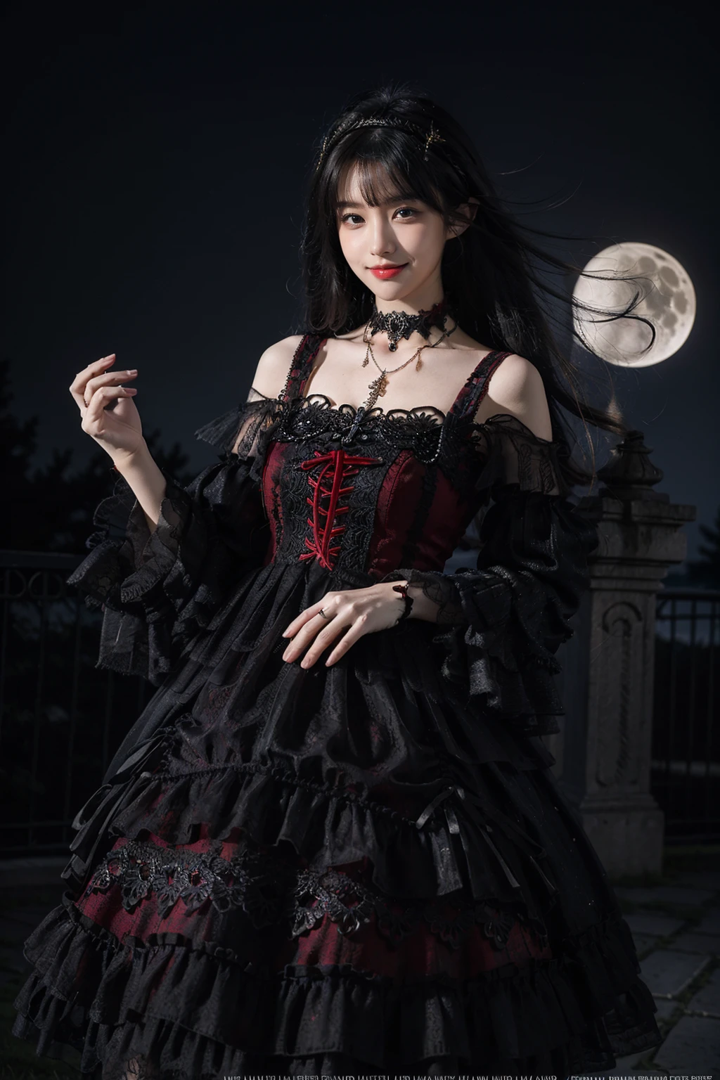 best quality, masterpiece, photorealistic, 1girl, solo, cowboy shot, standing, long black hair, straight hair, blunt bangs, looking at viewer, smile, lo dress, gothic, detached sleeves, necklace, choker, long sleeves, wide sleeves, hair ornament, castle, night, moon, <lora:lo_dress_gothic_style1_v2:0.7>