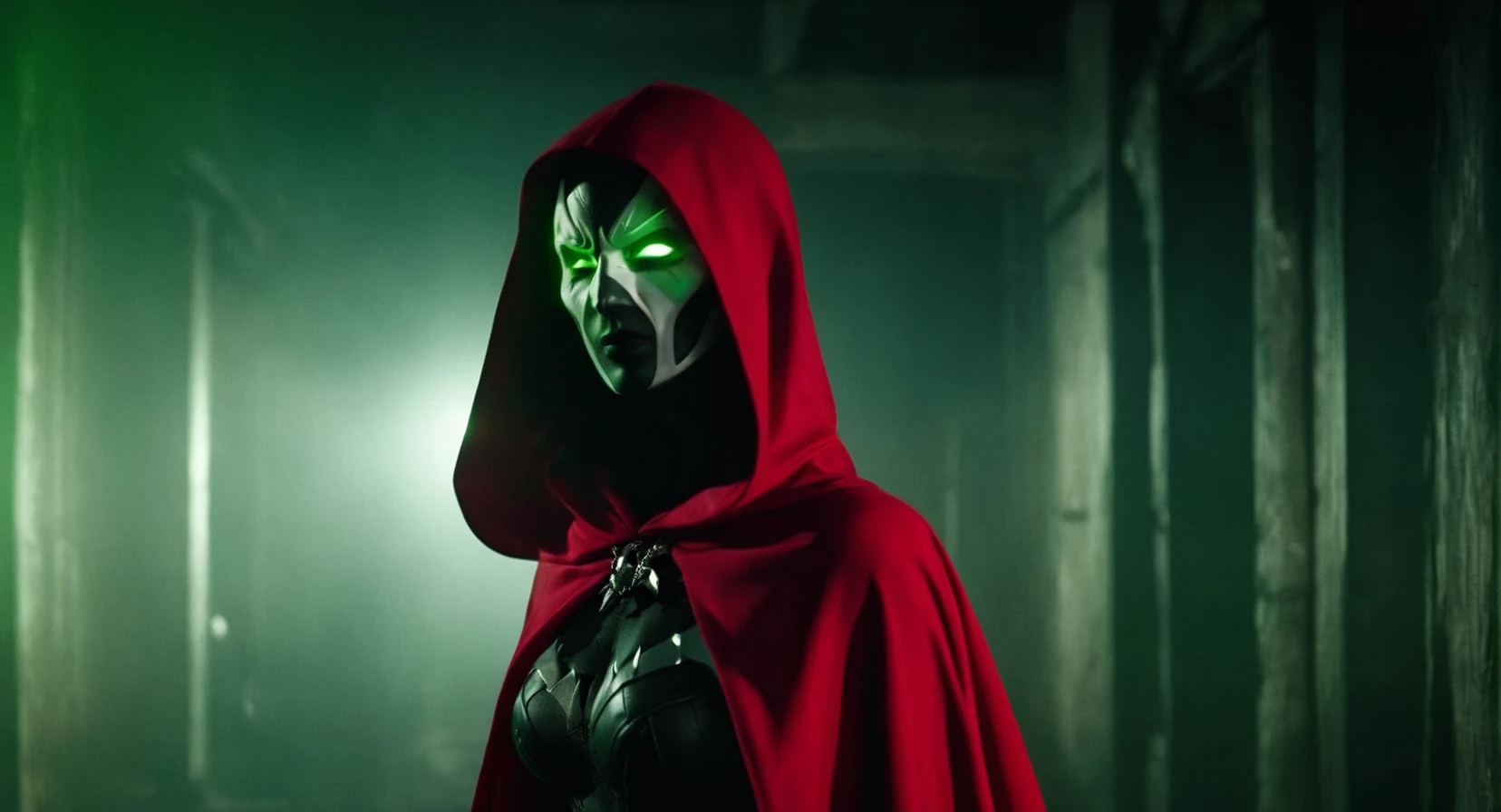 Dark Moody Atmosphere, (Cinematic Film stock footage style) in (arri alexa style) (Kodak film print style),
<lora:Spawn:1>
Spawn a woman in a living symbiotic costume with a red cape and a black and white mask and green glowing eyes, dramatic, mysterious, dark moody atmosphere