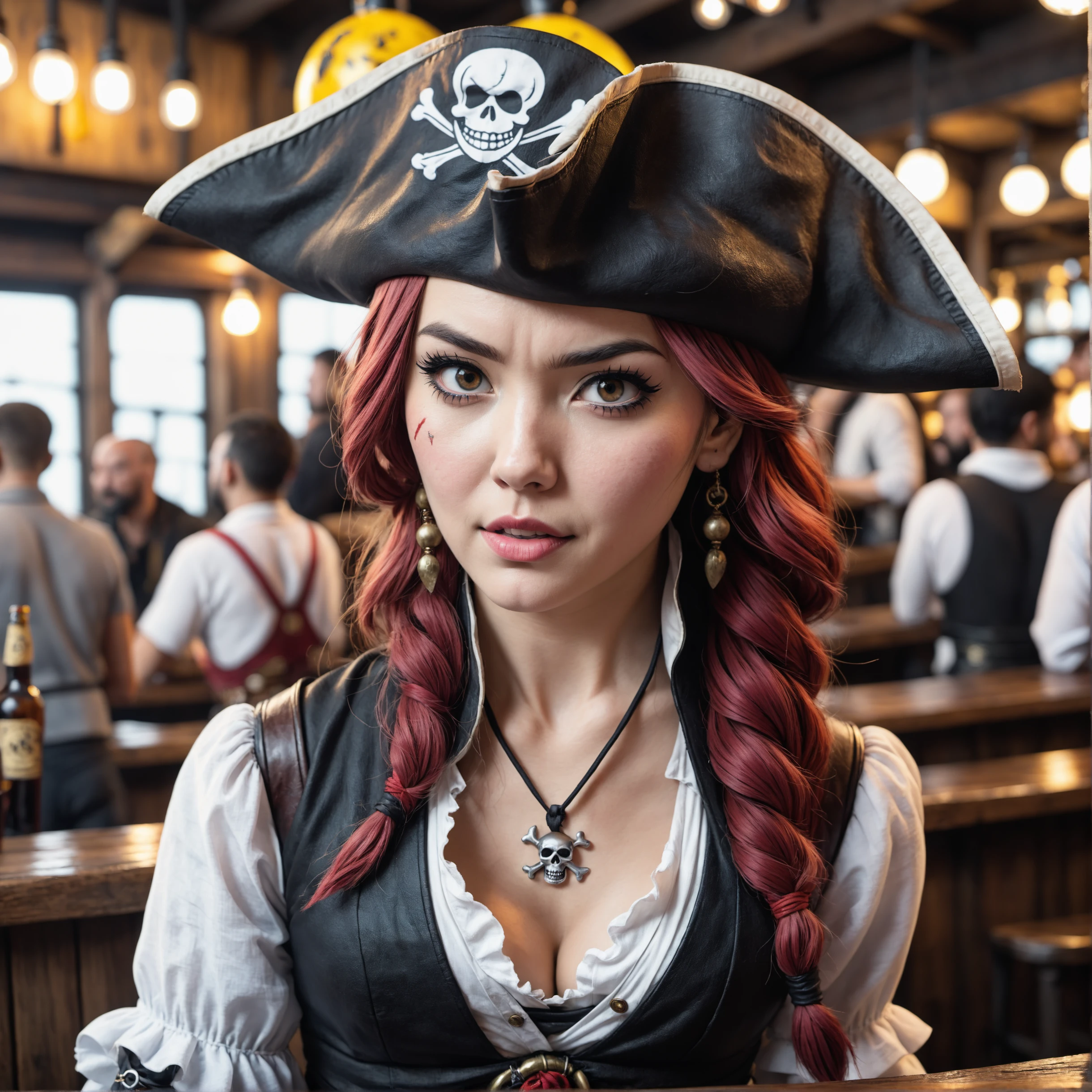 closeup photo of an 25 year old woman wearing a pirate outfit like in the one piece manga in a bar, detailed, realistic, 8k uhd, high quality