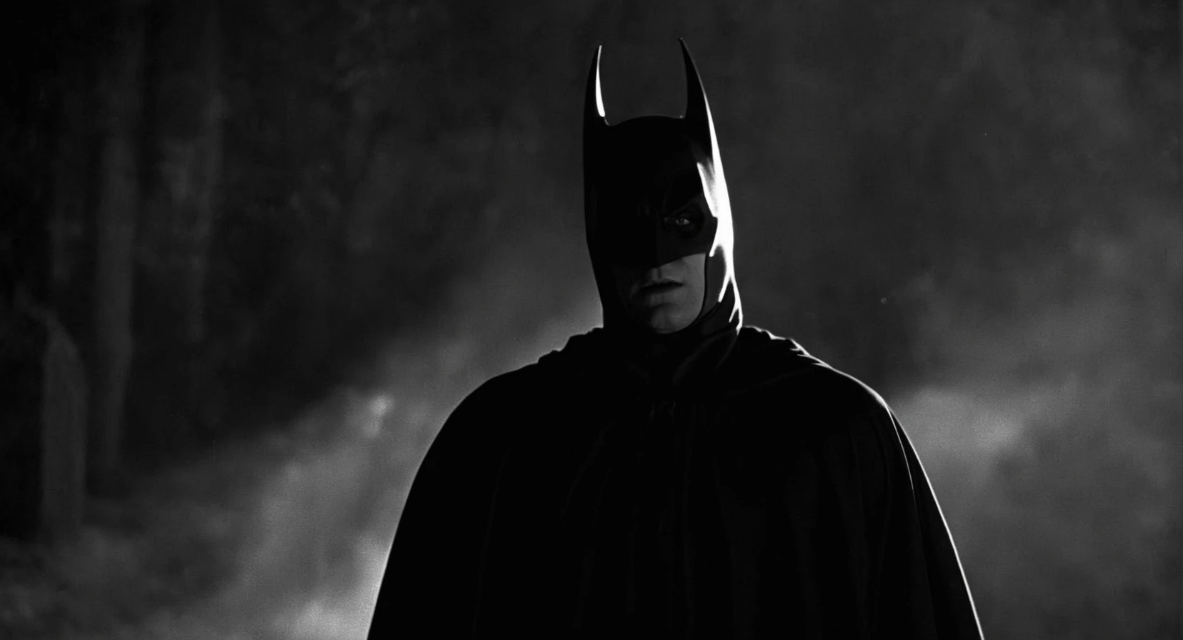 cinematic film still of Cinematic Film stock footage in (arri alexa style) Kodak film print, <lora:Batman Vampire:1> Batman Vampire a black and white photo of a person in a cloak and vampire fangs, shallow depth of field, vignette, highly detailed, high budget, bokeh, cinemascope, moody, epic, gorgeous, film grain, grainy