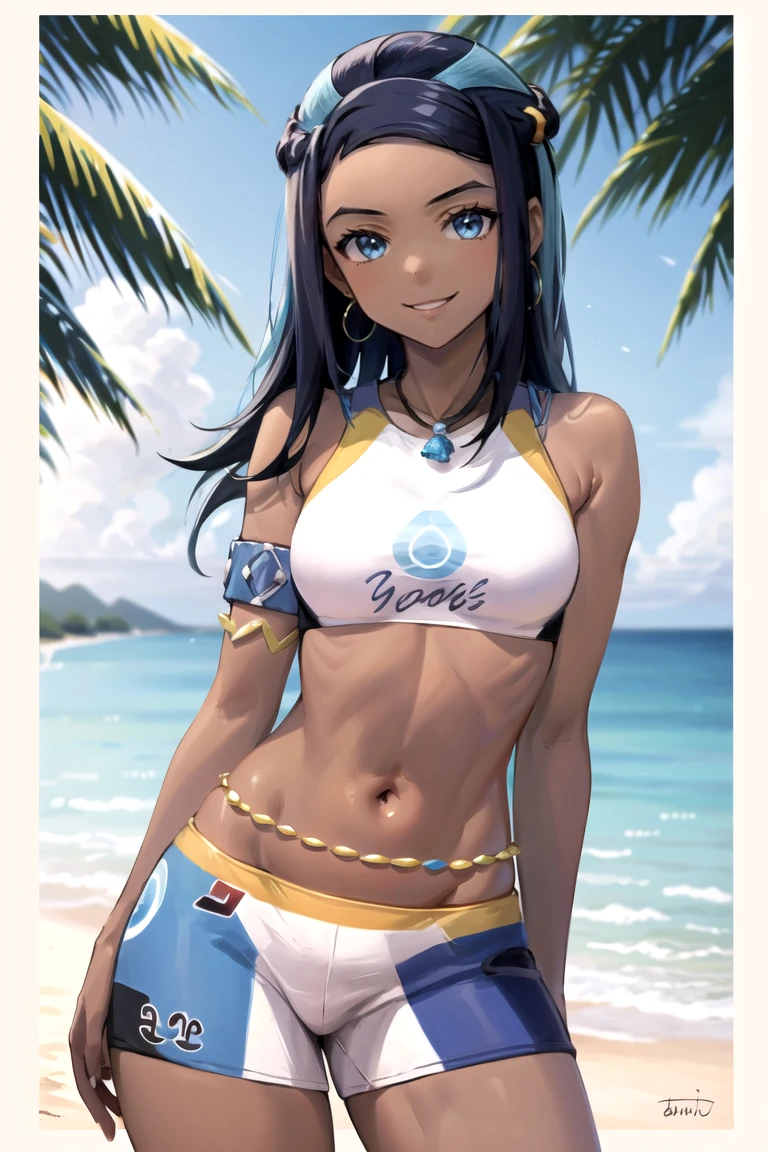 ((masterpiece,best quality)),  absurdres,
<lora:Nessa_Pokemon_Anime_Dim32:0.8>, Nessa_Pokemon, 
1girl, solo, dark skin, blue eyes, black hair, blue hair, two-tone hair, shorts, crop top, jewelry, necklace, earrings, belly chain, armlet, midriff,
solo, smiling, looking at viewer, cowboy shot, 
cinematic composition,  contrapposto, tropical beach,