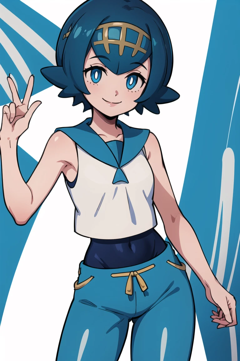 ((masterpiece,best quality)), absurdres,
<lora:Lana_Pokemon_v2_Anime:0.7>, Lana_Pokemon,
1girl, solo, short blue hair, blue eyes, yellow hairband, white shirt, sleeveless, blue sailor collar, blue pants, bright pupils, swimsuit under clothes,
solo, smiling, looking at viewer, cowboy shot, ,
cinematic composition, contrapposto,
