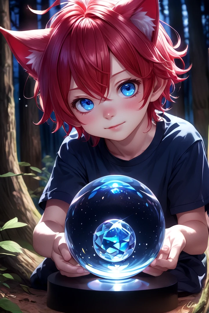 1boy, aki, crimson hair, crimson animal ears, masterpiece, ultra detail, forest, blue eyes, (cute shirt:1.3)
<lora:CrystalBall_1.0:0.6> crystal ball, night light