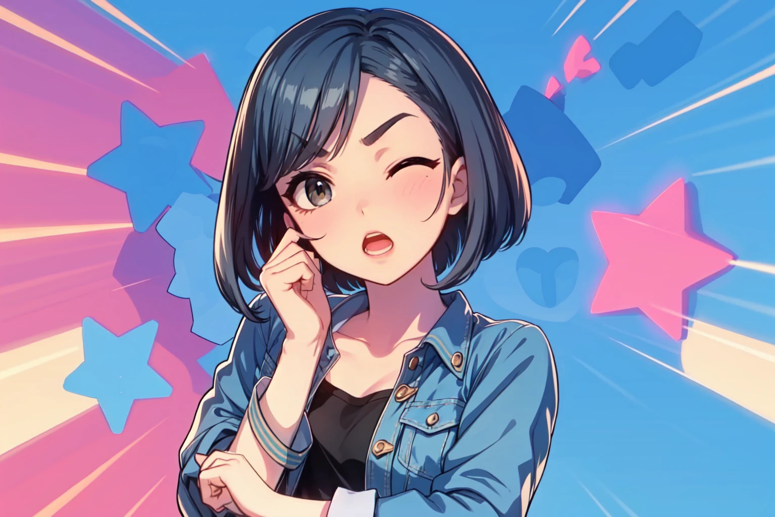 one eye closed, solo, bangs, looking at viewer, upper body, open mouth, hand on chin, blue hair, one length bob cut hair, casual wear <lora:dsno:1.0>