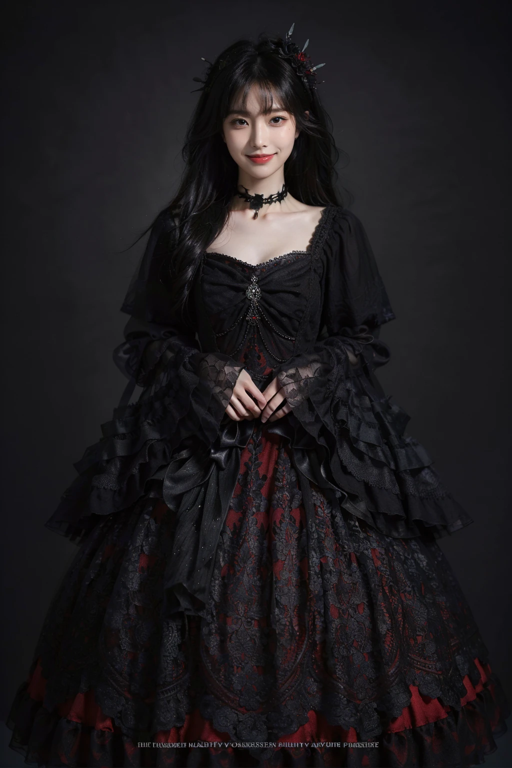 best quality, masterpiece, photorealistic, 1girl, solo, cowboy shot, long black hair, straight hair, blunt bangs, looking at viewer, smile, lo dress, layered dress, frills, choker, long dress, long sleeves, wide sleeves, hair ornament, simple background, <lora:lo_dress_gothic_style2_v2:0.7>