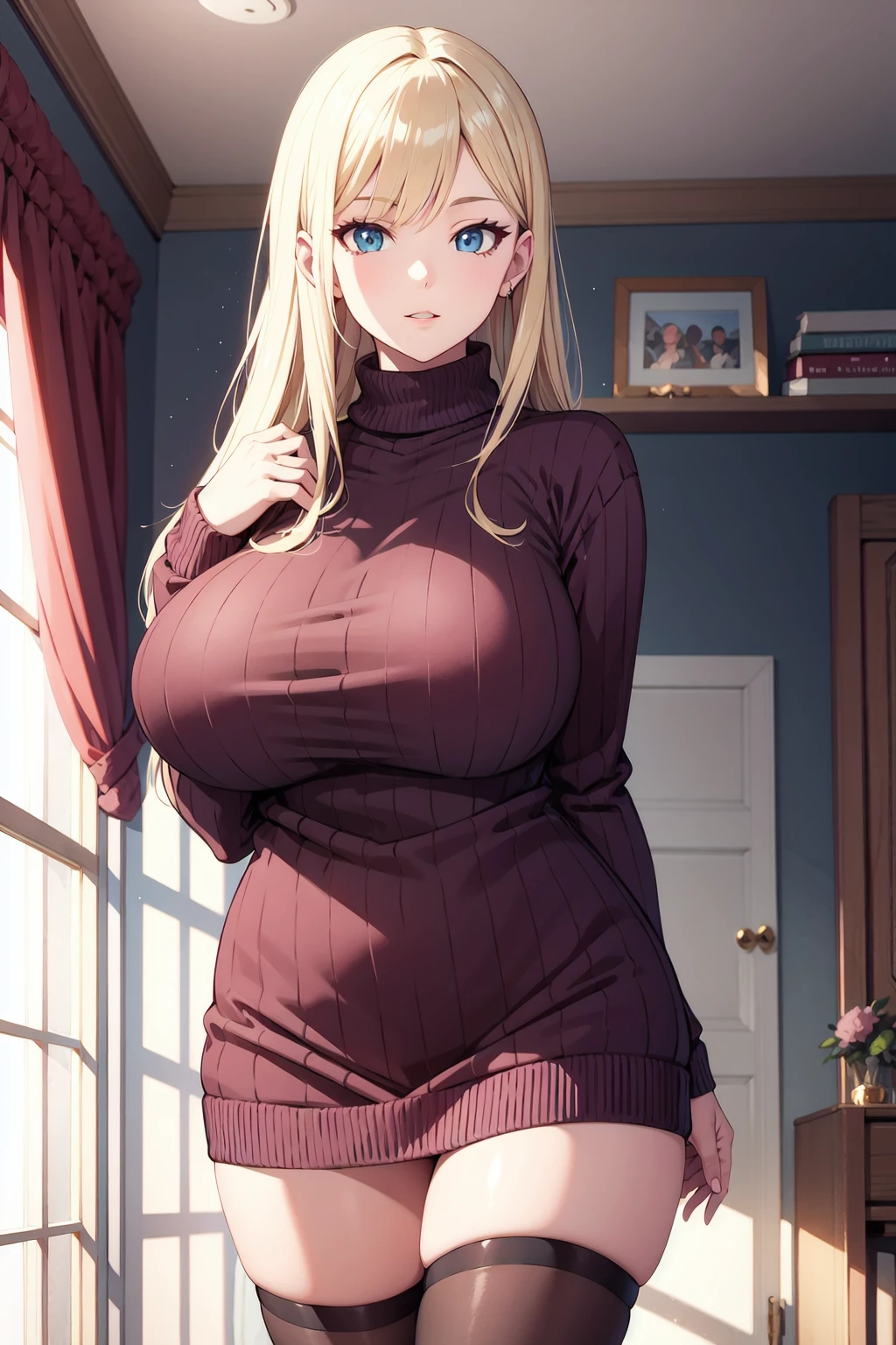 (realistic:0.8), gyaru, blonde hair, hair flaps,
thighhighs, (gigantic breasts:0.8), (sweater:1.2),
inside the room,